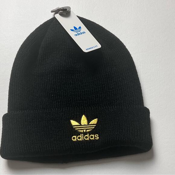 Adidas Women's Black & Gold Metallic Trefoil Cold Weather Beanie Style Hat NWT - Picture 1 of 10